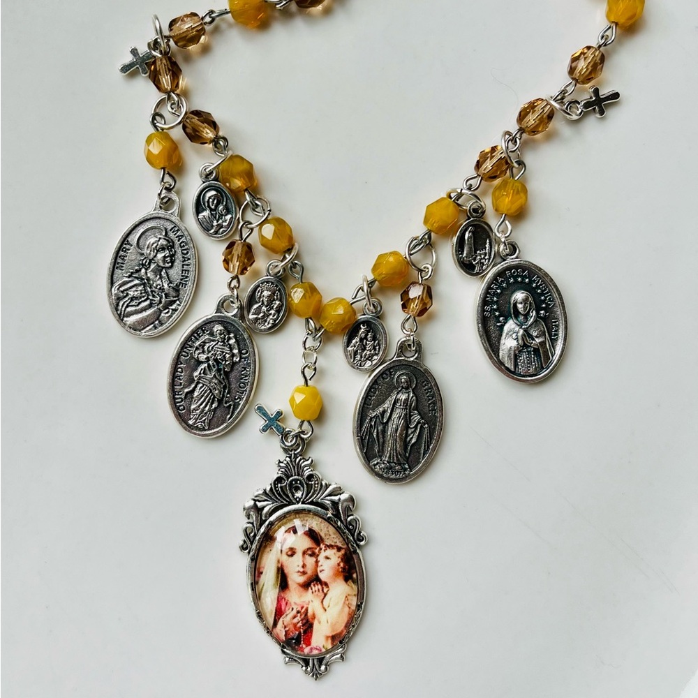 Mary & Jesus Vintage Image Medals Choker Citrine & Topaz Austrian Crystals - Picture 7 of 16